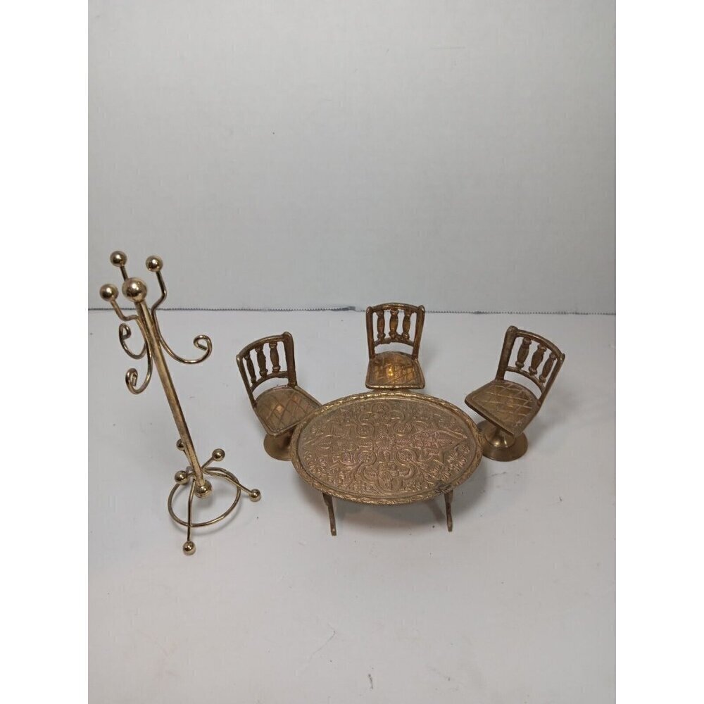 Vintage Miniature Doll House Brass Dining Room Set Table 3 Chairs And Coatrack